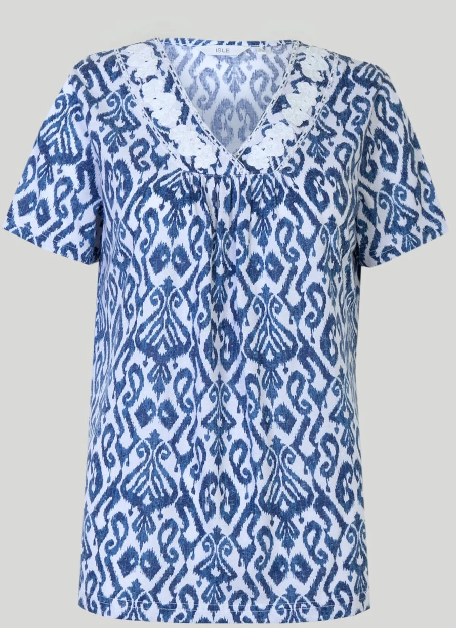 Isle Women's Embroidered Neckline T-Shirt - Stylish Casual Top for Everyday Wear