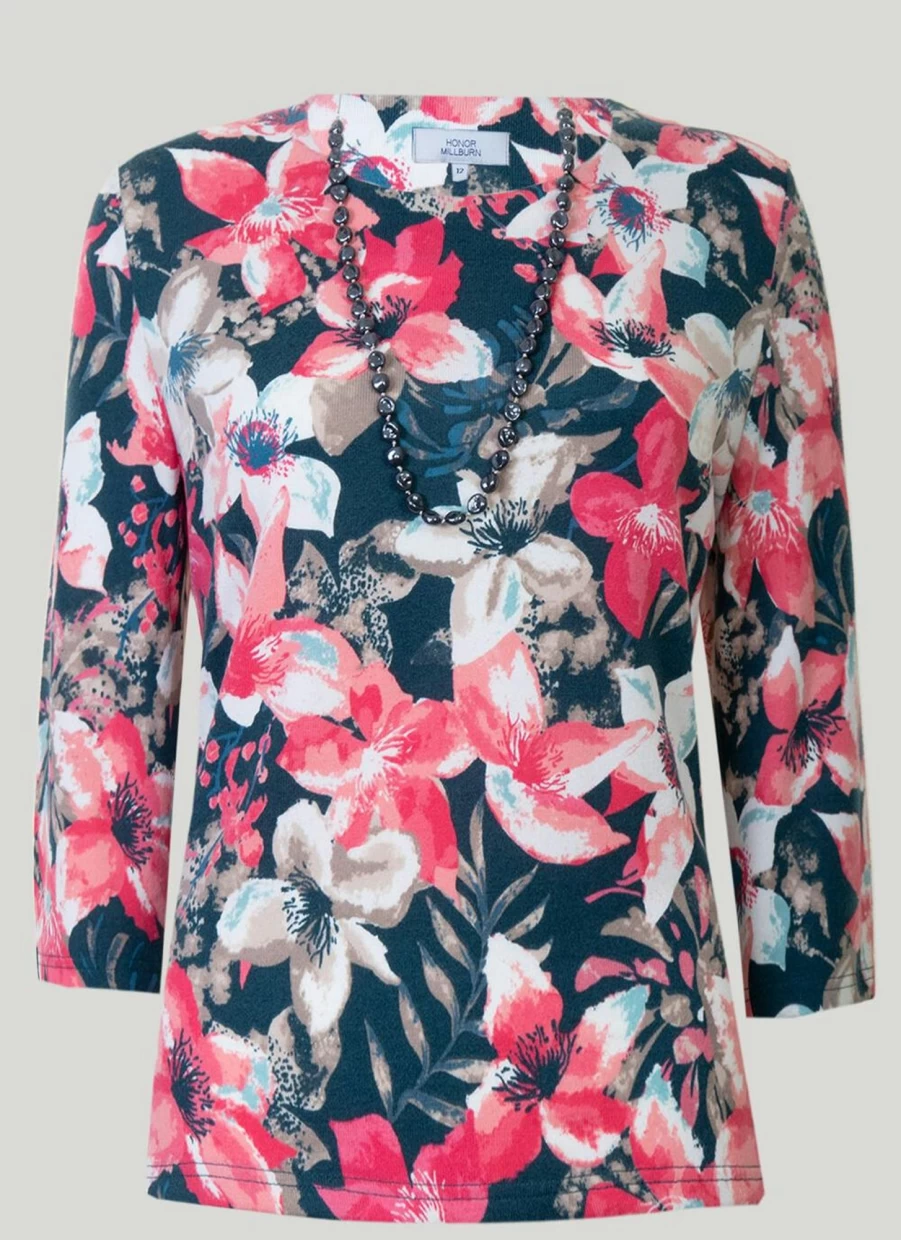 Honor Millburn Women's Printed Statement Necklace Top - Elegant Floral Design Fashion Apparel
