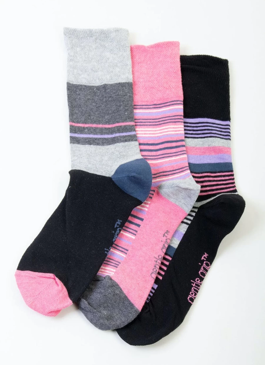 Gentle Grip Women's 3 Pack Striped Crew Socks - Soft Comfortable Casual Athletic Socks