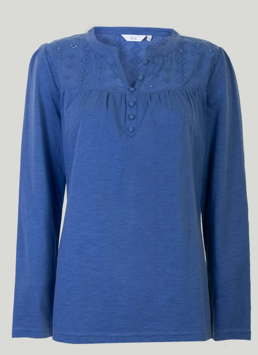 Isle Women's Blue Lace Trim Top - Elegant Feminine Blouse for Casual Wear