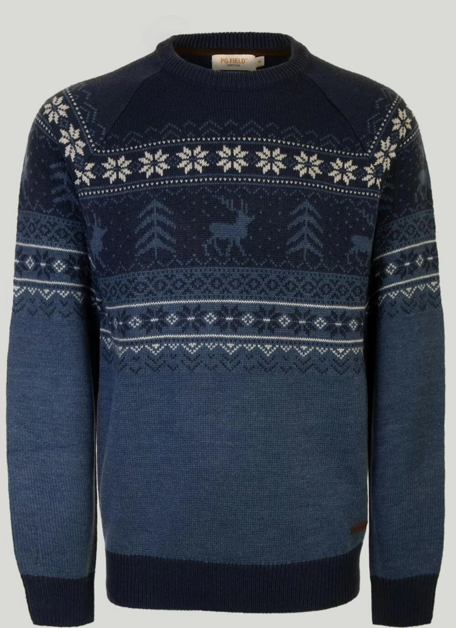 PG Field Men's Reindeer Print Yoke Sweater - Festive Holiday Knit Jumper