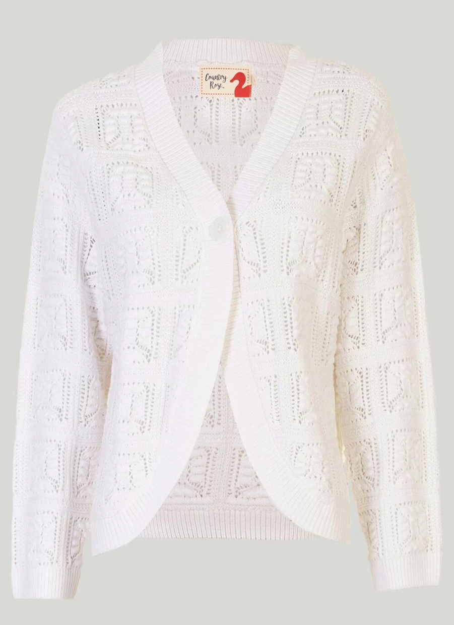 Country Rose Women's Ivory Crochet Cardigan - Elegant Handmade Knit Sweater