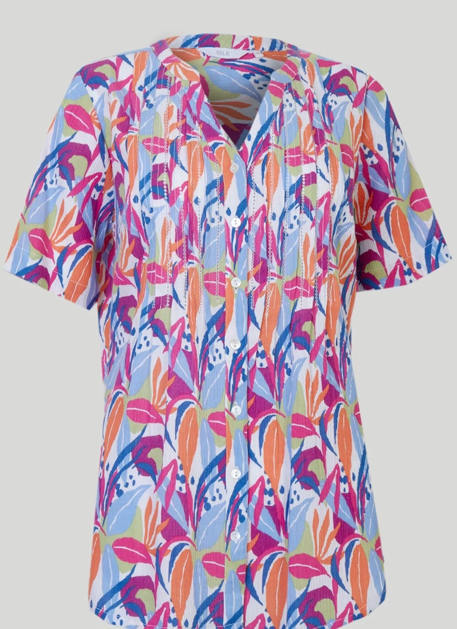 "Isle Women's Tropical Print Blouse - Flowy Short Sleeve Vacation Top"