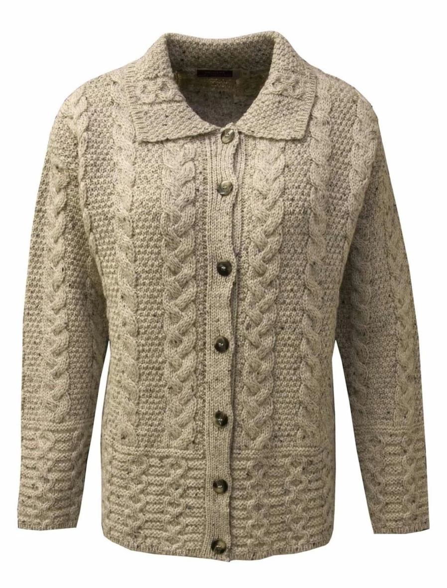 Highland Home Industries Women's Stone Aran Knit Cardigan - Chunky Cable Knit Sweater Coat