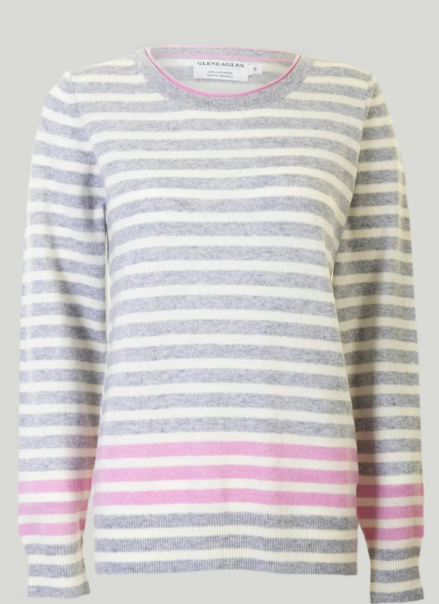 Gleneagles Women's Cashmere Striped Crew Neck Jumper Soft Luxury Sweater