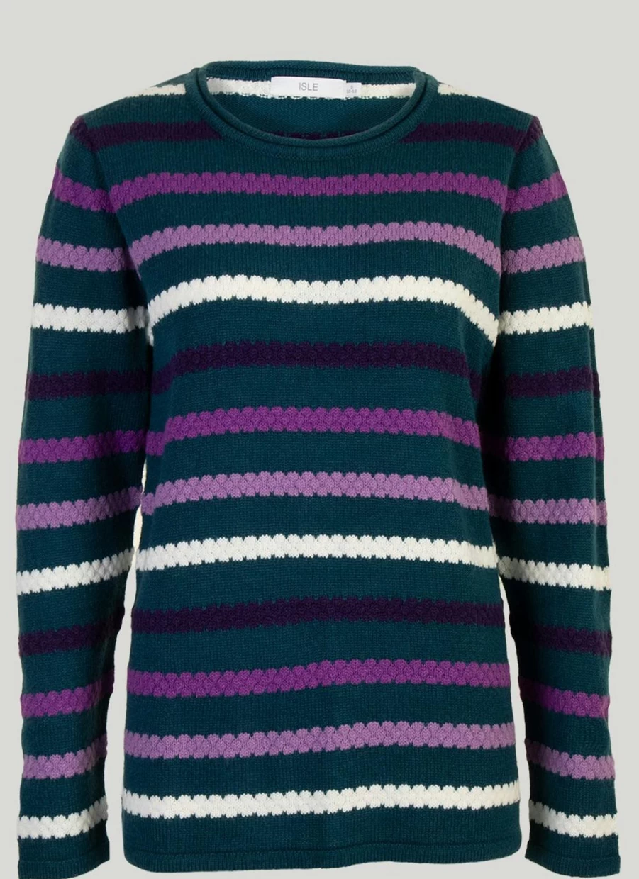 Isle Women's Teal Striped Textured Knit Jumper Sweater