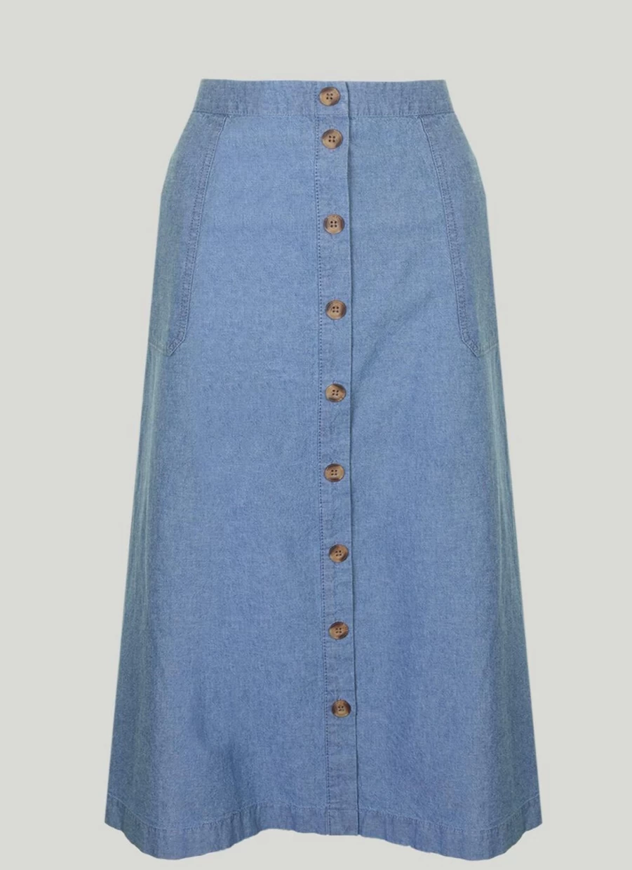 Isle Women's Long Denim Chambray Skirt - Casual High Waist A-Line Skirt