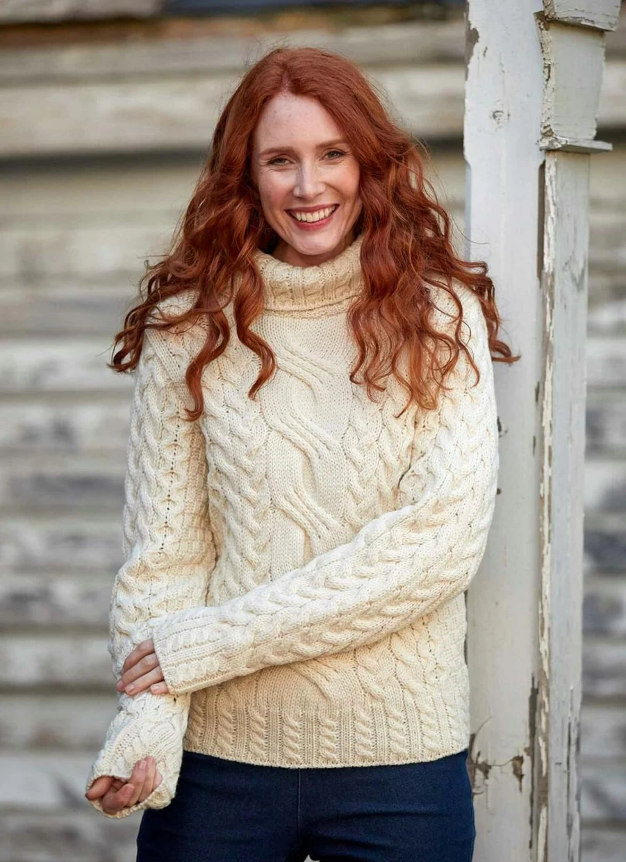 Highland Home Industries Women's Ecru Aran Wool Polo Neck Jumper | Soft Cable Knit Sweater