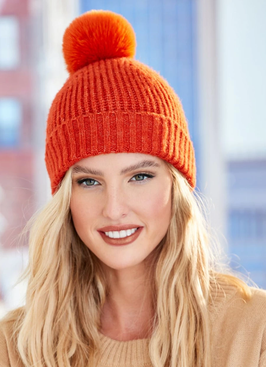 Isle Women's Rust Knitted Faux Fur Pom Pom Beanie Winter Hat