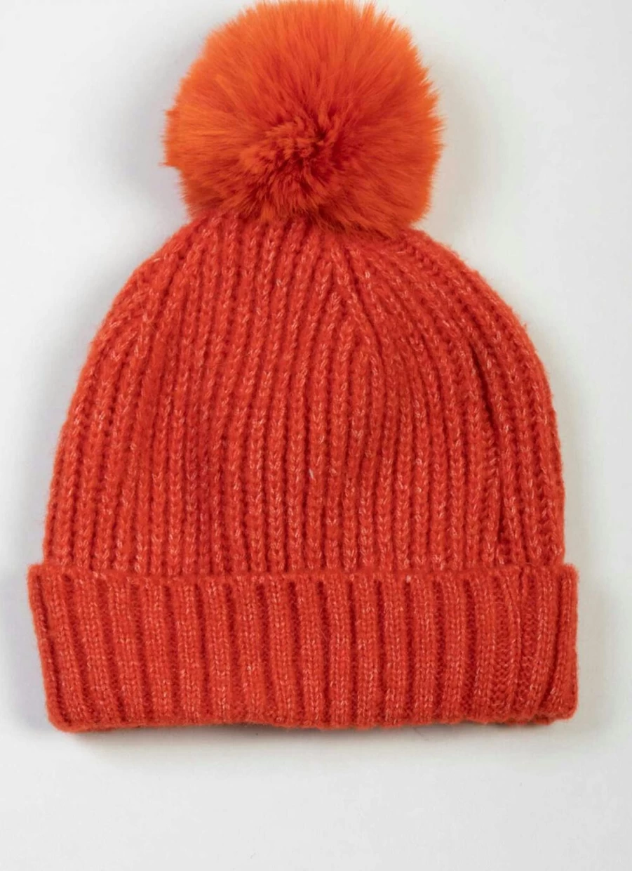 Isle Women's Rust Knitted Faux Fur Pom Pom Beanie Winter Hat