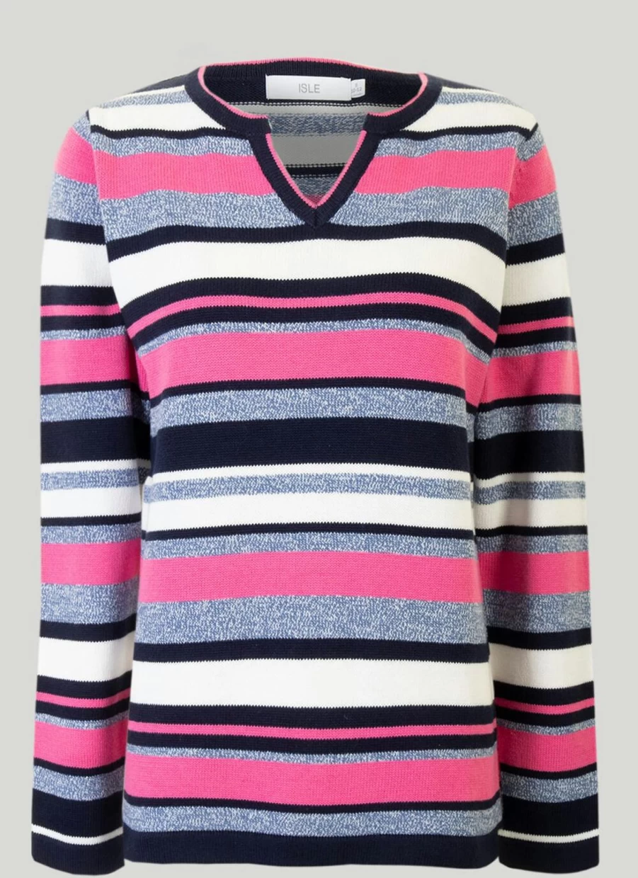 Isle Women's Navy Blue Cotton Striped Jumper - Classic Casual Knit Sweater