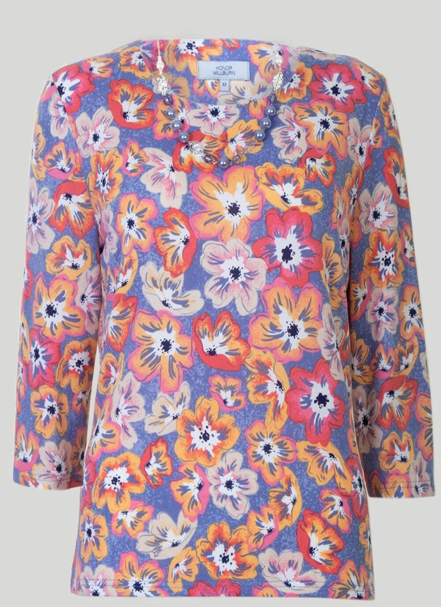 Honor Millburn Women's Printed Statement Necklace Top - Elegant Floral Design Fashion Apparel