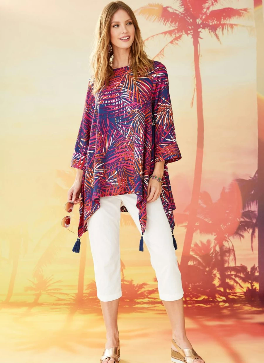 "Isle Women's Purple Palm Print Kaftan Top - Boho Beach Cover Up Tunic Blouse"