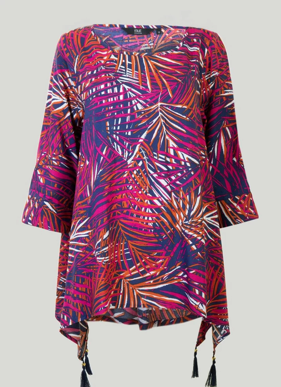 "Isle Women's Purple Palm Print Kaftan Top - Boho Beach Cover Up Tunic Blouse"
