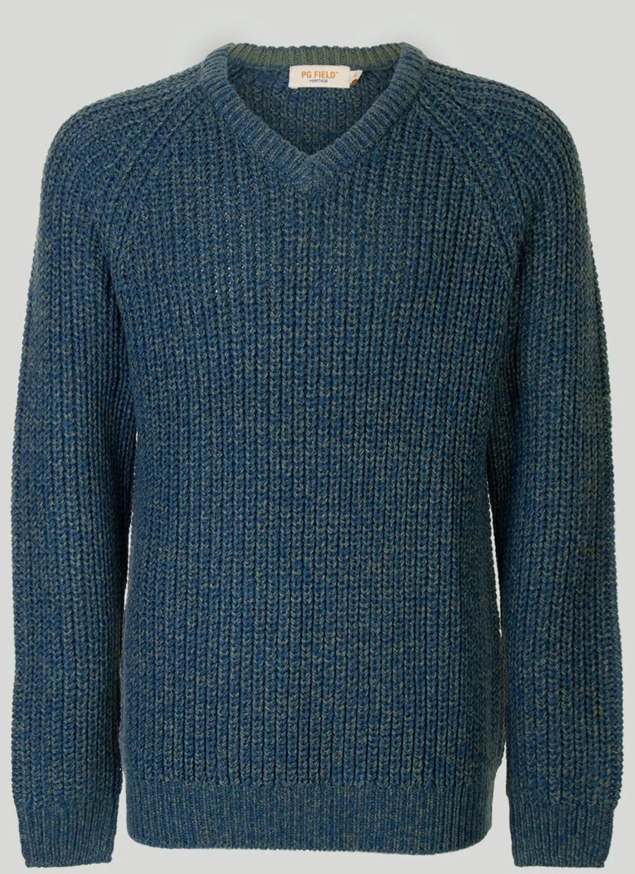 PG Field Men's V Neck Fisherman Rib Knit Jumper - Soft Textured Sweater
