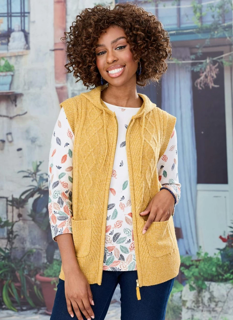 Country Rose Women's Ochre Cable Knit Hooded Vest Gilet