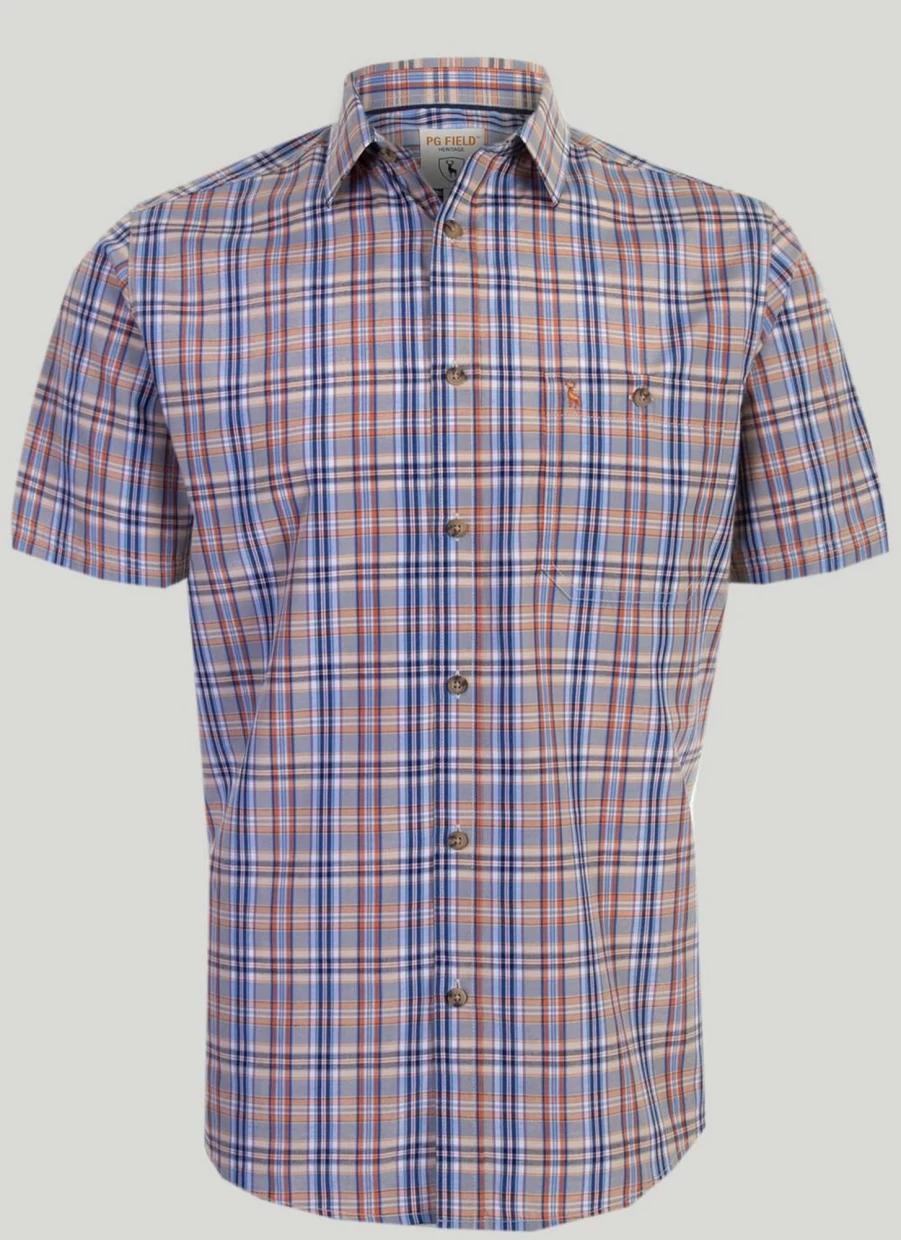 "PG Field Men's Short Sleeve Checkered Shirt - Casual Plaid Button-Up Top"