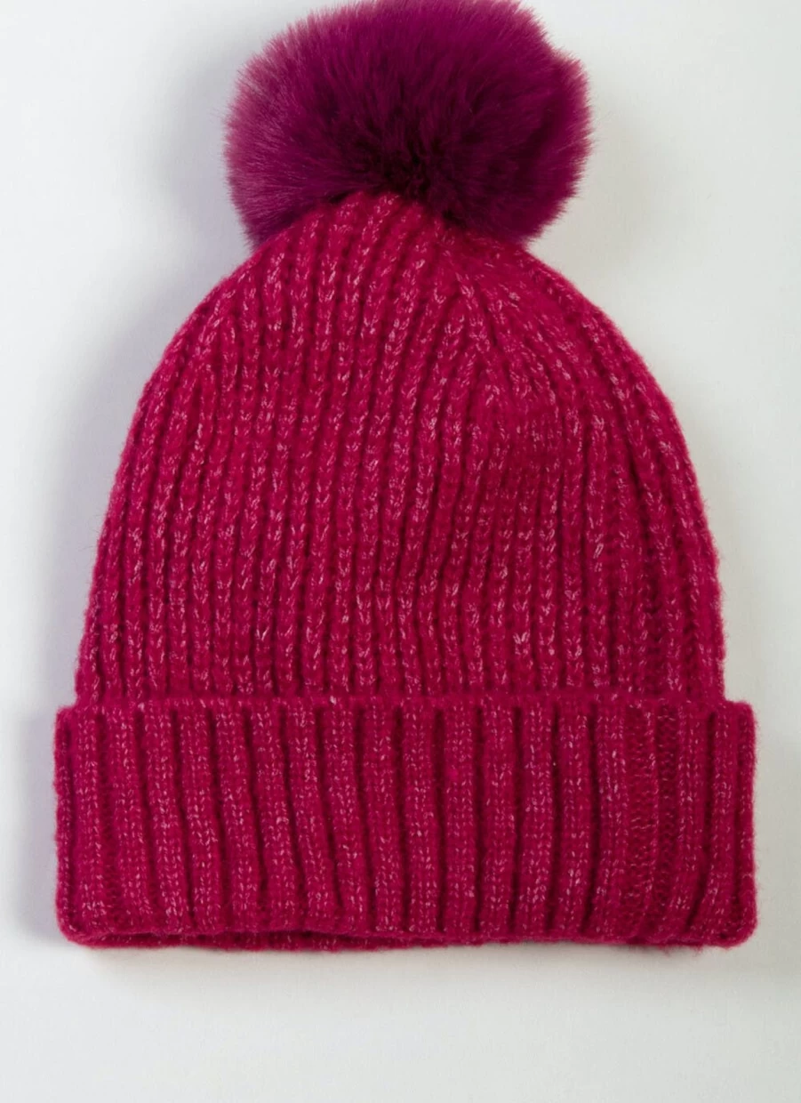 Isle Women's Raspberry Knitted Beanie with Faux Fur Pom Pom Winter Hat