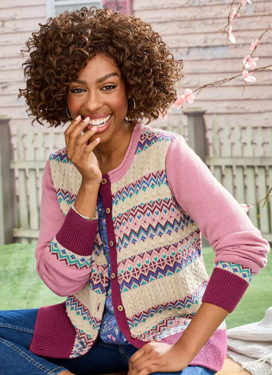 Country Rose Women's Fairisle Knit Cardigan - Cozy Winter Sweater with Nordic Pattern