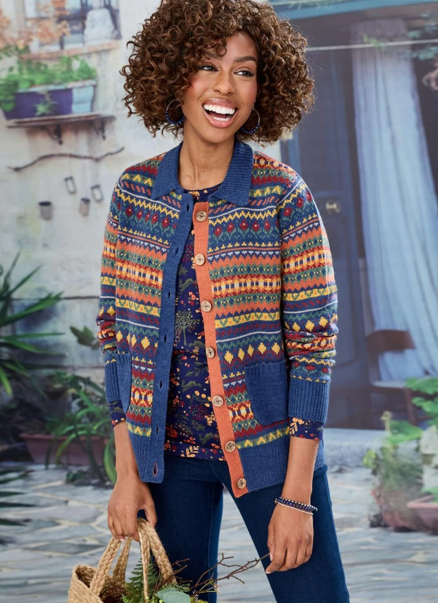 Country Rose Women's Navy Fairisle Knit Cardigan - Cozy Winter Pullover